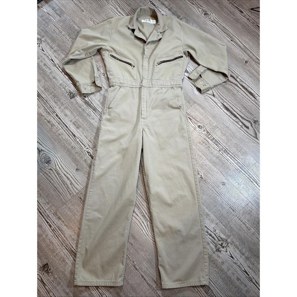 Vintage Red Kap Coveralls 38R Tan Beige Workwear Jumpsuit Zip Front Cotton